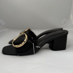 A New Day Womens Faux Leather Slides With Gold Buckle Black Sz 11 Block Heel